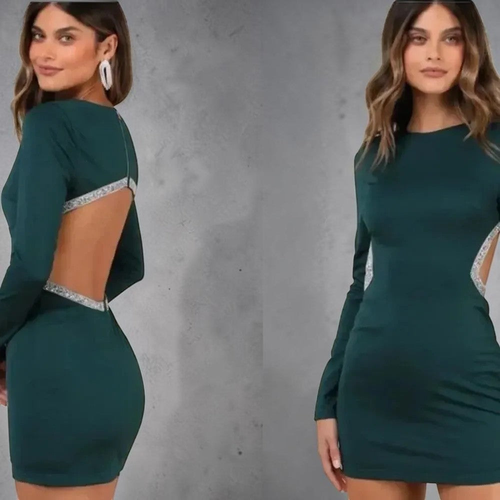 LuLus Green w/Rhinestone Open Back Sheath Dress