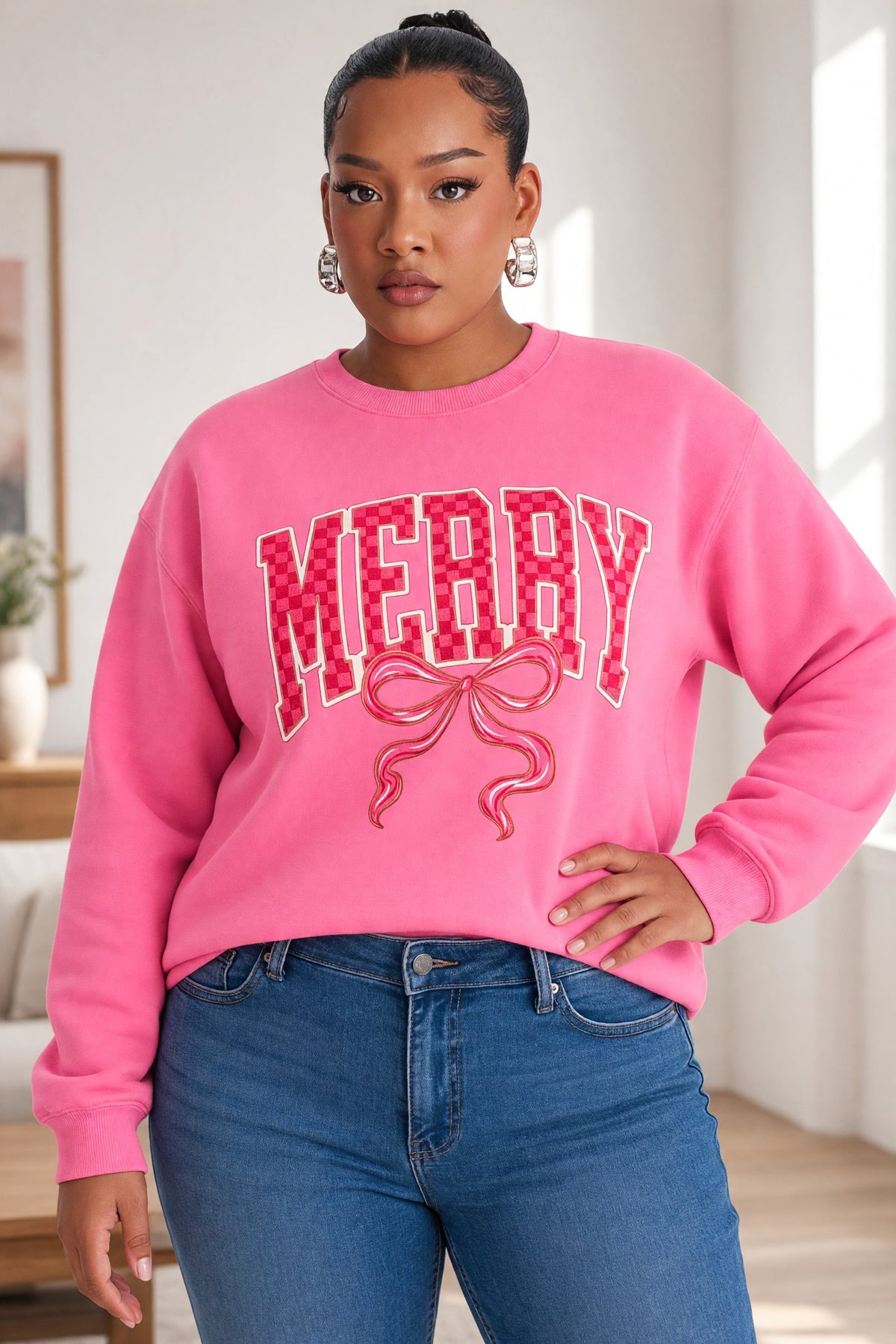 Bonbon Checkered Christmas Slogan Printed Plus Size Sweatshirt
