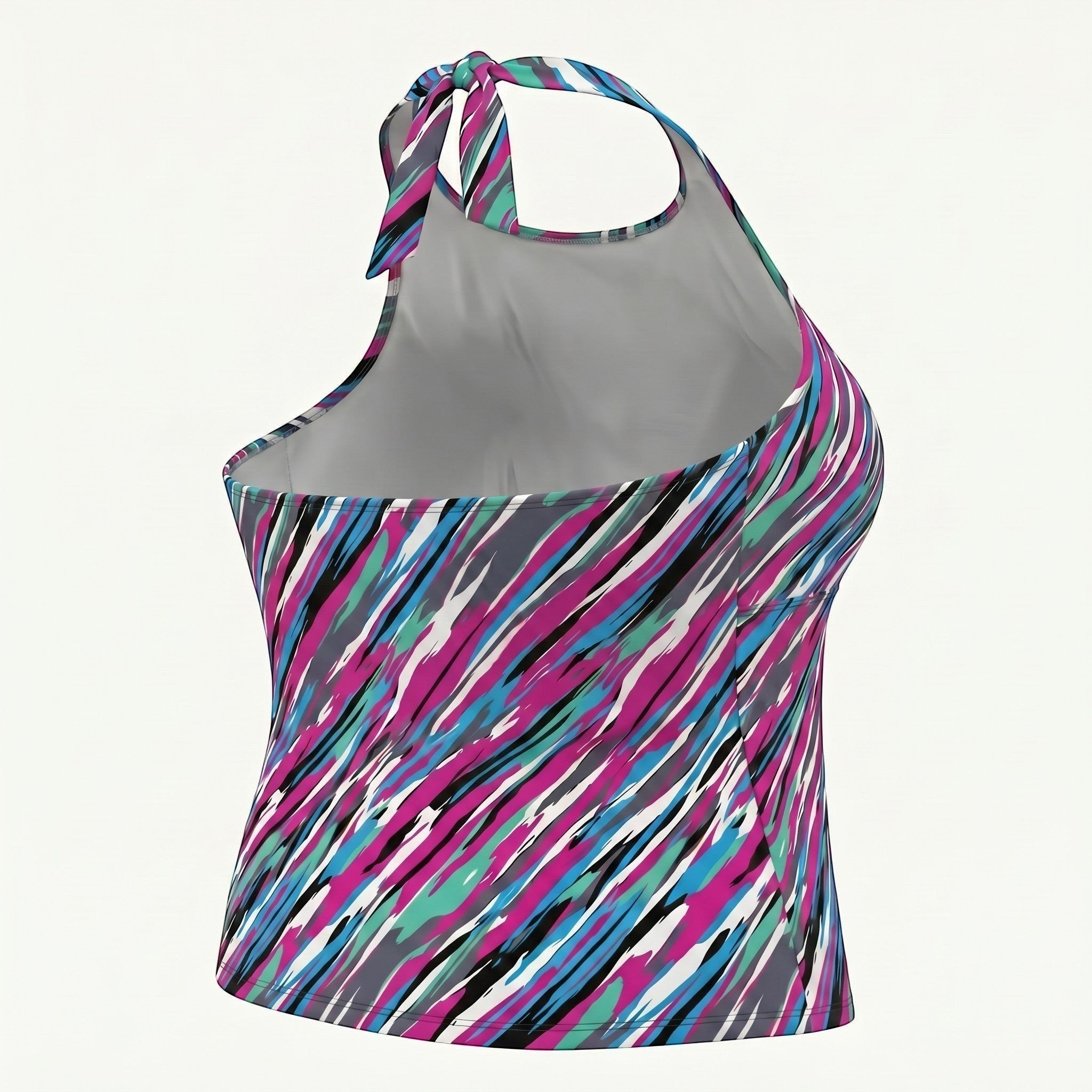 Somethinguluv3 abstract print halter neck tankini swim top in magenta, teal, and charcoal with a tie closure.