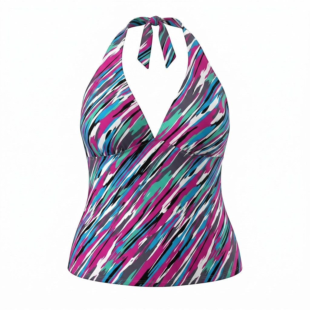 Somethinguluv3 abstract print halter neck tankini top in magenta, teal, and charcoal with a flattering V-neckline.