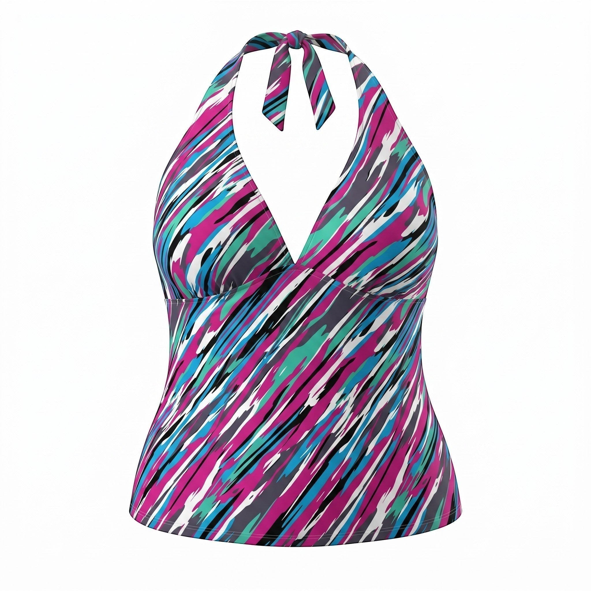 Somethinguluv3 abstract print halter neck tankini top in magenta, teal, and charcoal with a flattering V-neckline.