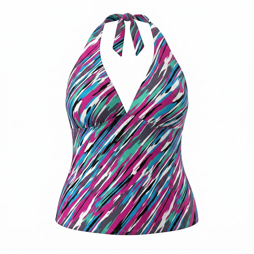 Somethinguluv3 abstract print halter neck tankini top in magenta, teal, and charcoal with a flattering V-neckline.