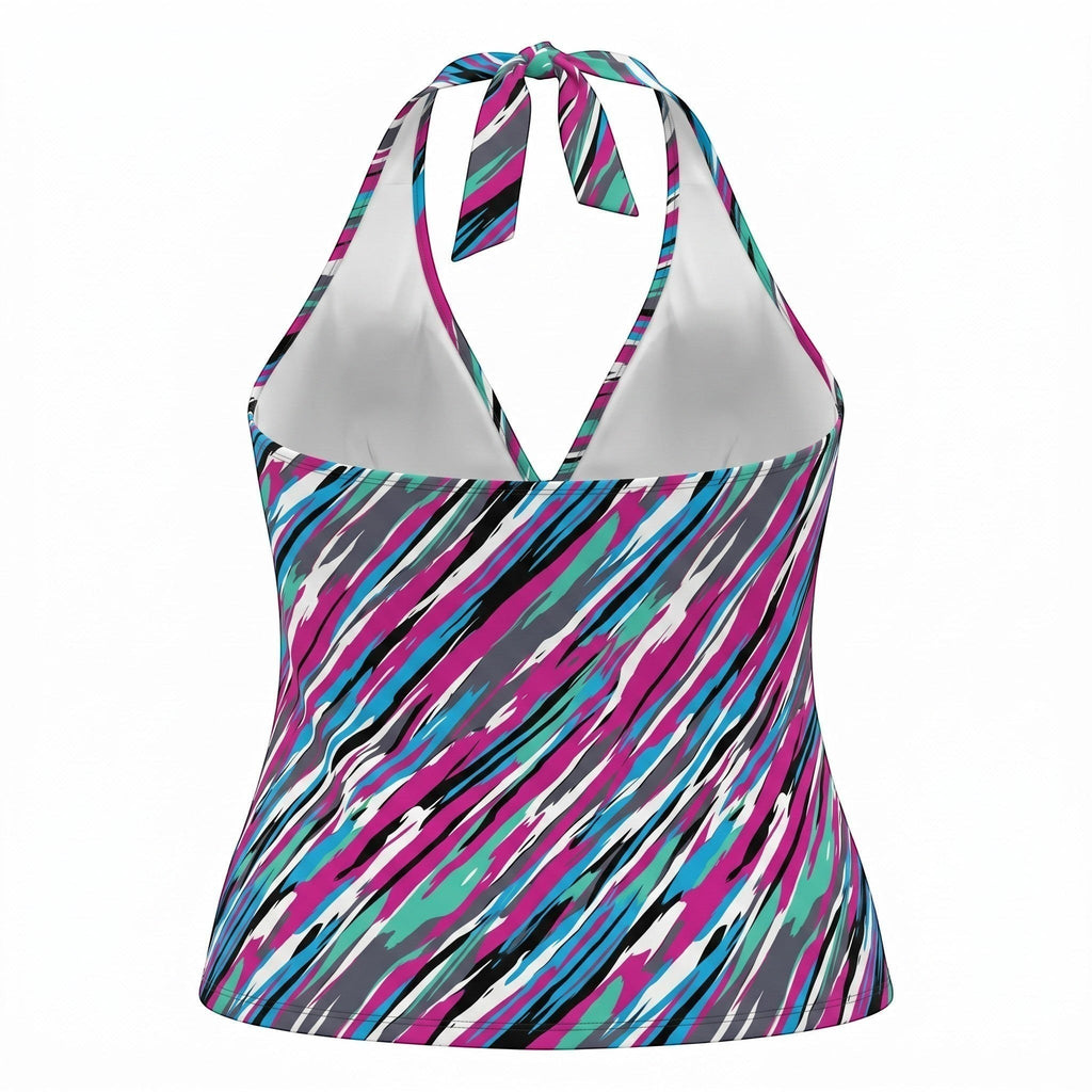 Somethinguluv3 abstract print halter neck tankini top in magenta, teal, and charcoal with a tie closure back view.