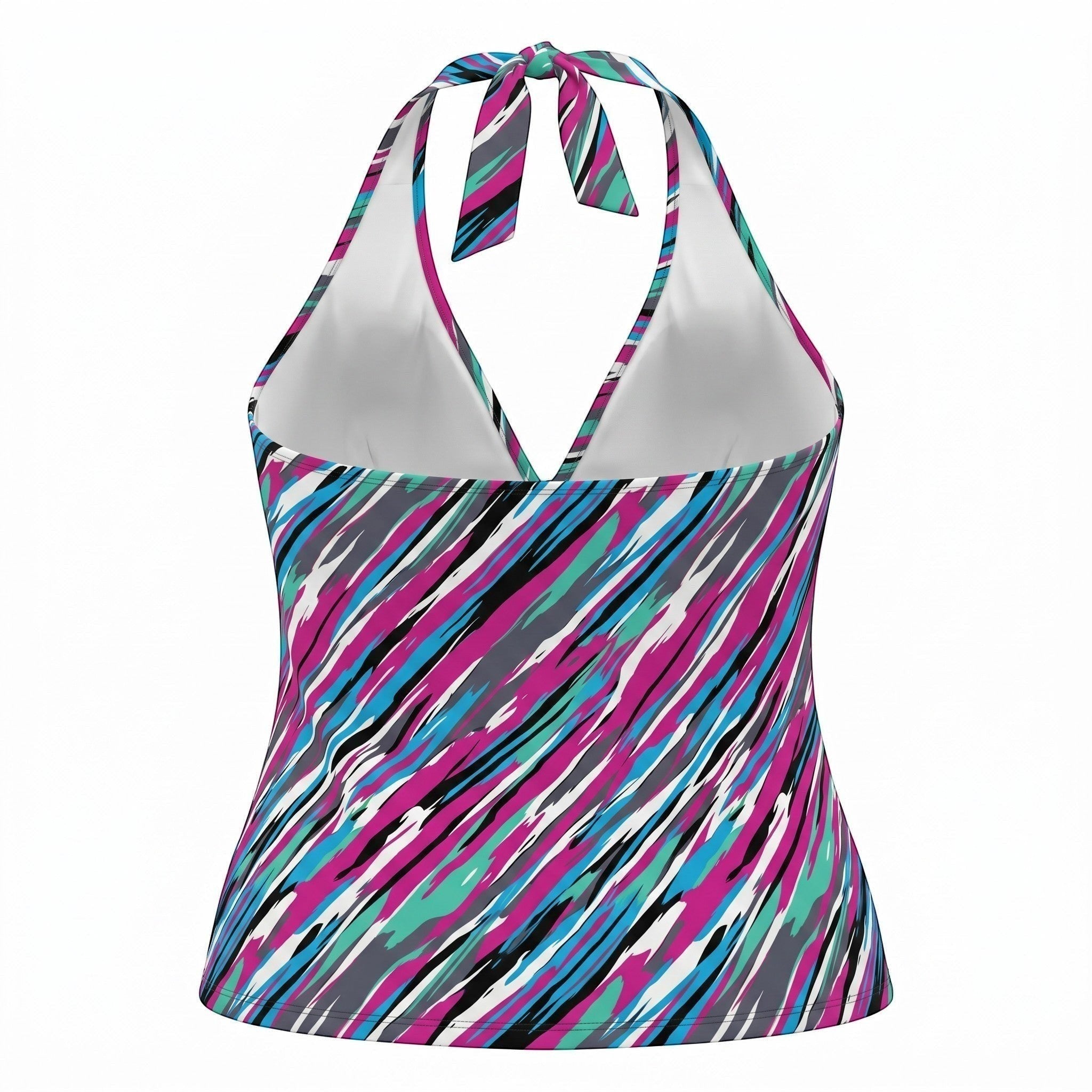 Somethinguluv3 abstract print halter neck tankini top in magenta, teal, and charcoal with a tie closure back view.
