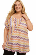 Somethinguluv3 Alfred Dunner tunic top with a yellow, orange, and purple wavy chevron knit pattern and scoop neck.