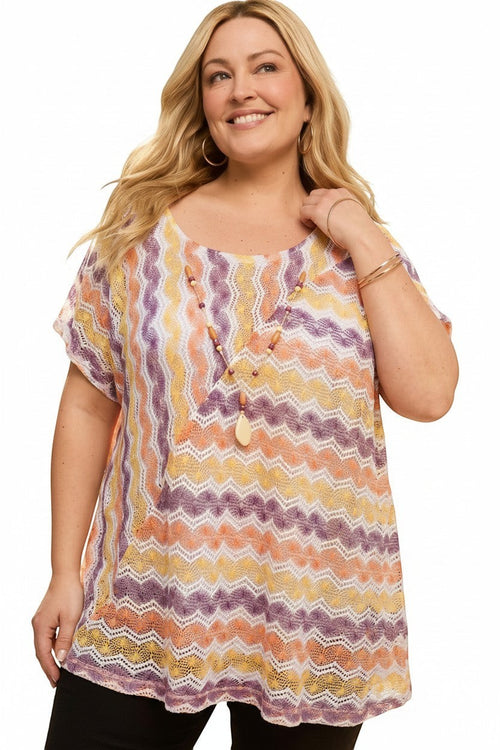 Somethinguluv3 Alfred Dunner tunic top with a yellow, orange, and purple wavy chevron knit pattern and scoop neck.