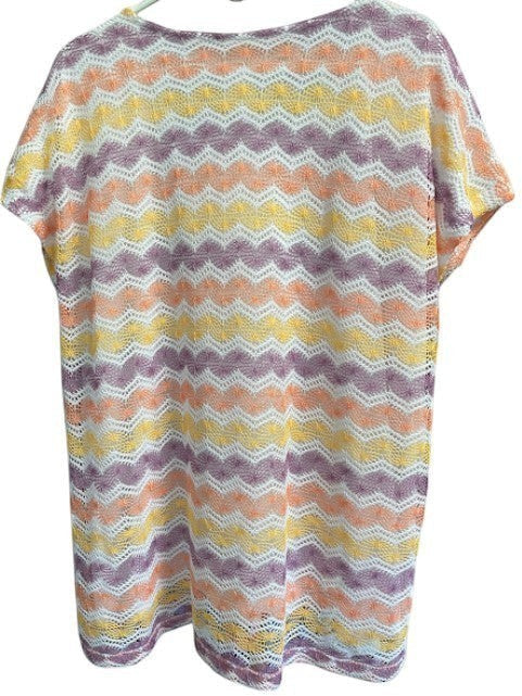 Somethinguluv3 Alfred Dunner short sleeve tunic top in a multi-colored yellow, orange, and purple wavy knit pattern.