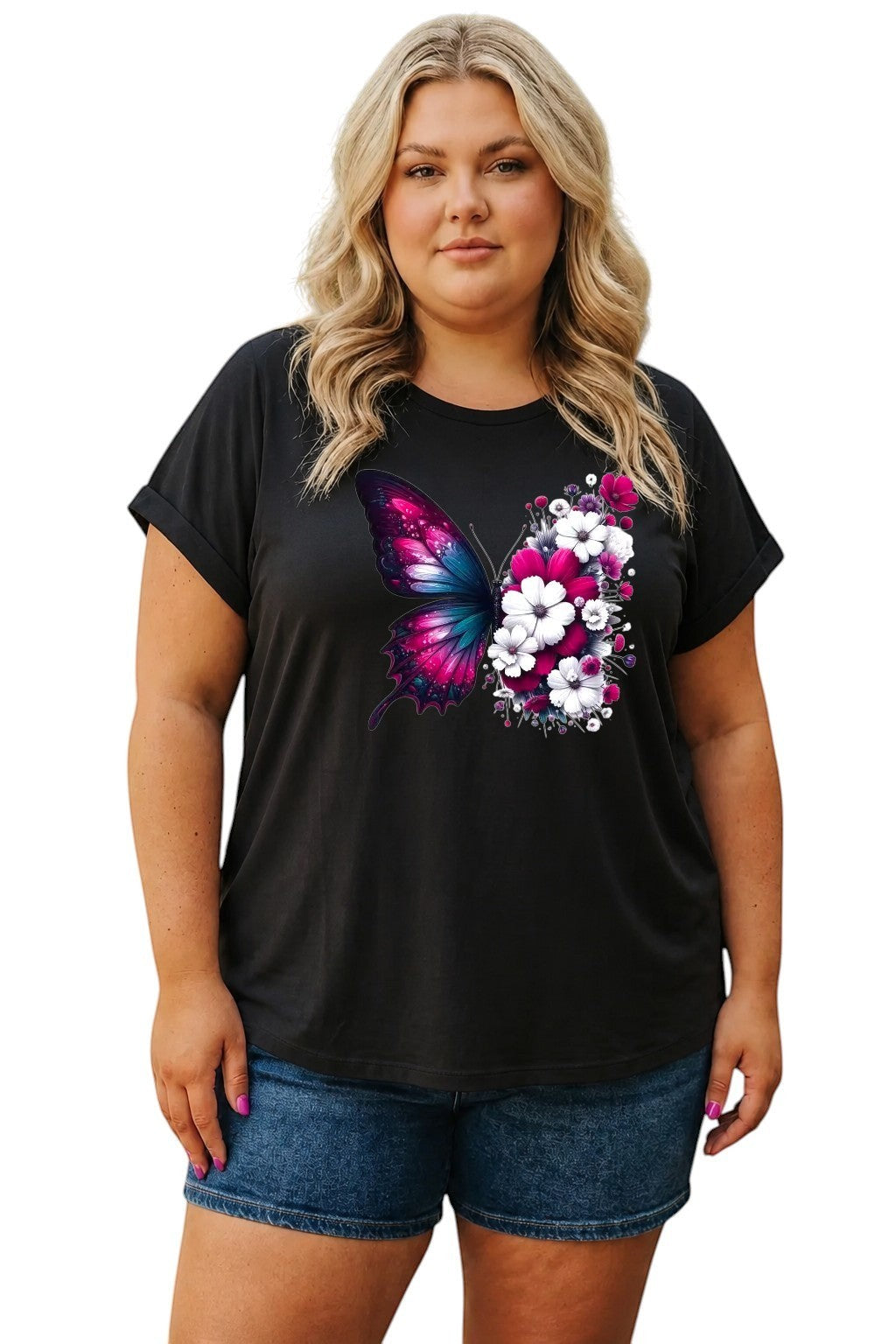 Somethinguluv3 plus size black cotton t-shirt featuring a vibrant pink and blue butterfly floral graphic print