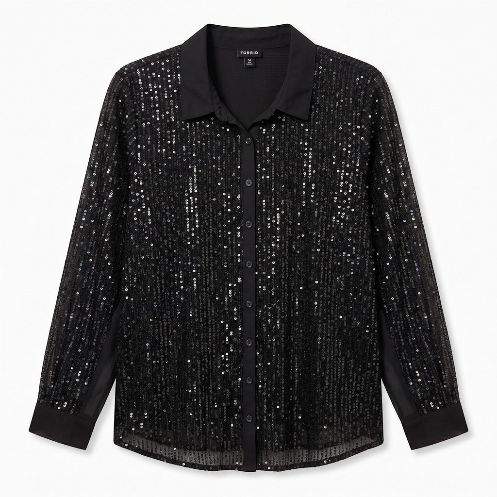 Somethinguluv3 black long sleeve button down shirt featuring all-over vertical sequin embellishments and a solid collar.