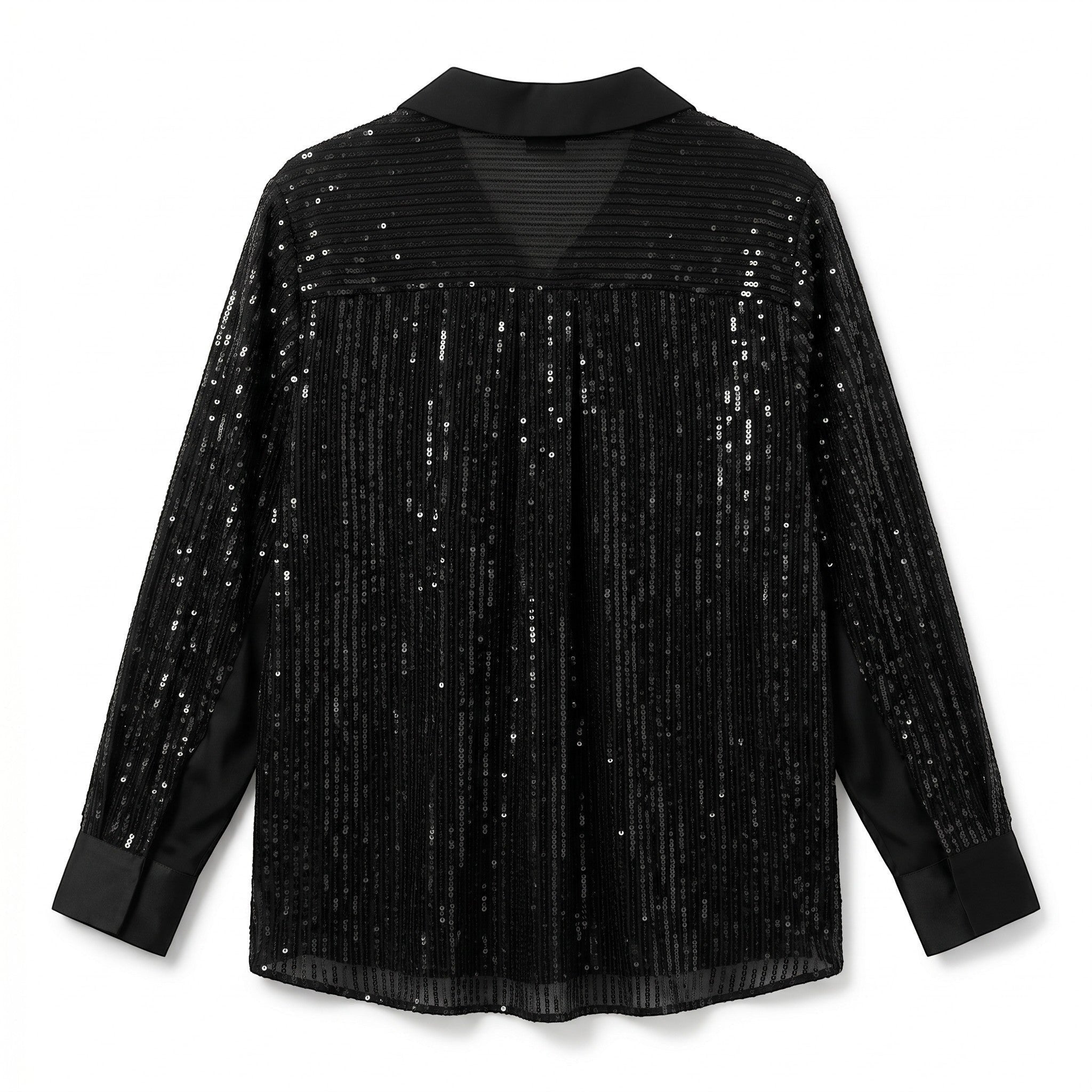 Somethinguluv3 black long sleeve button down shirt featuring vertical sequin embellishments and a solid collar.