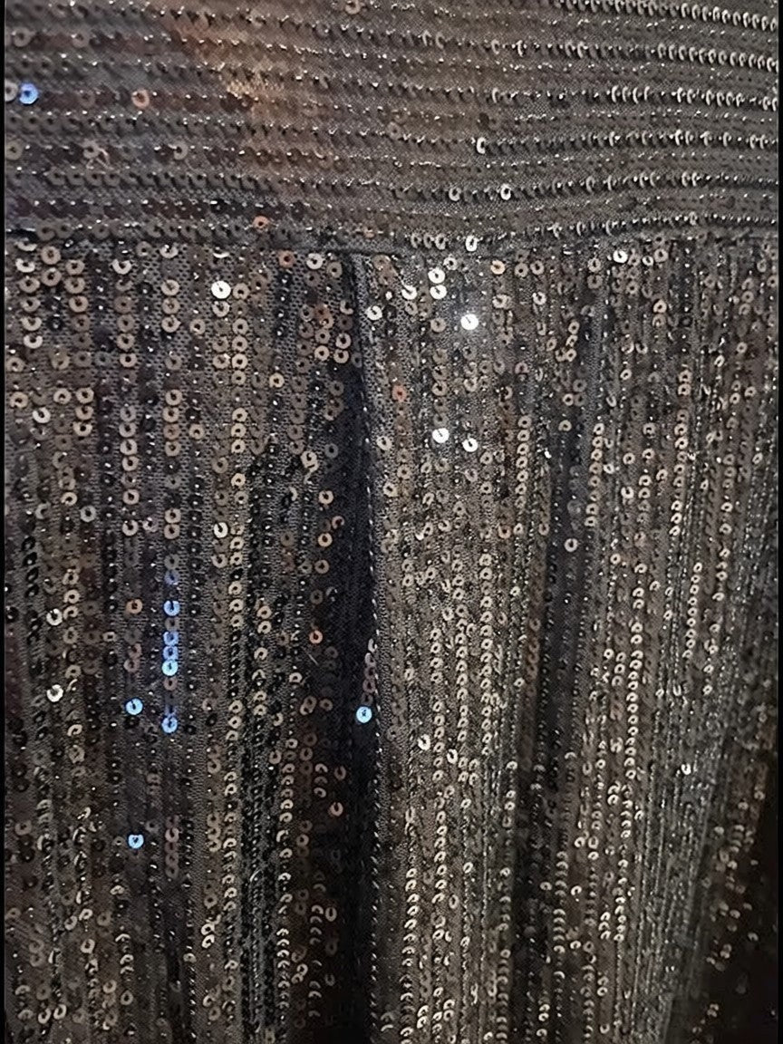 Somethinguluv3 black long sleeve button down shirt featuring all-over vertical sequin embellishments for a festive look
