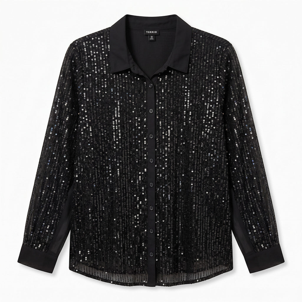 Somethinguluv3 black long sleeve button down shirt featuring vertical sequin embellishments and a solid collar.