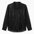 Somethinguluv3 black long sleeve button down shirt featuring vertical sequin embellishments and a solid collar.