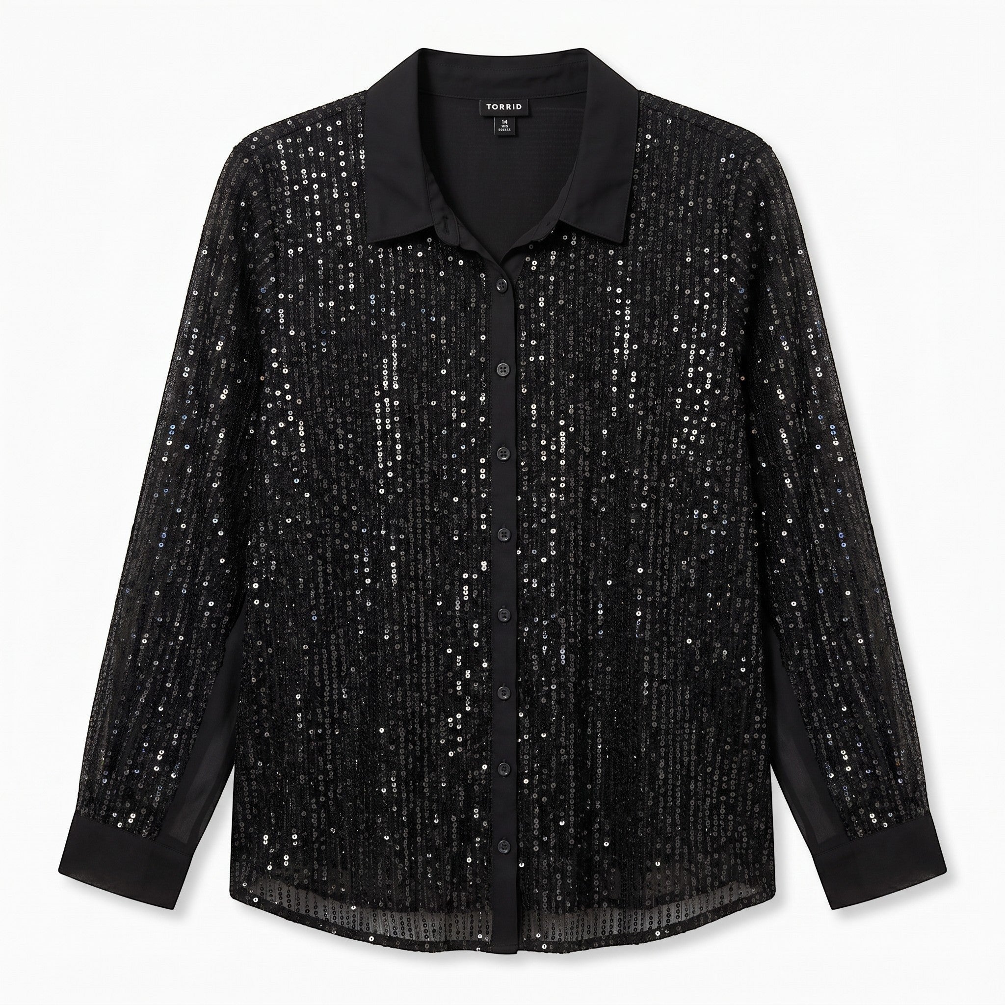 Somethinguluv3 black long sleeve button down shirt featuring vertical sequin embellishments and a solid collar.