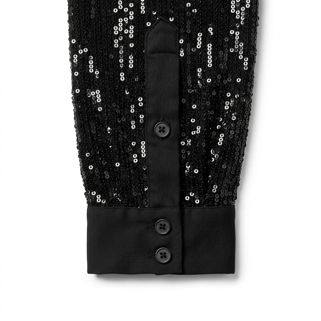 Somethinguluv3 black long sleeve button down shirt cuff with vertical sequin embellishment and solid fabric trim