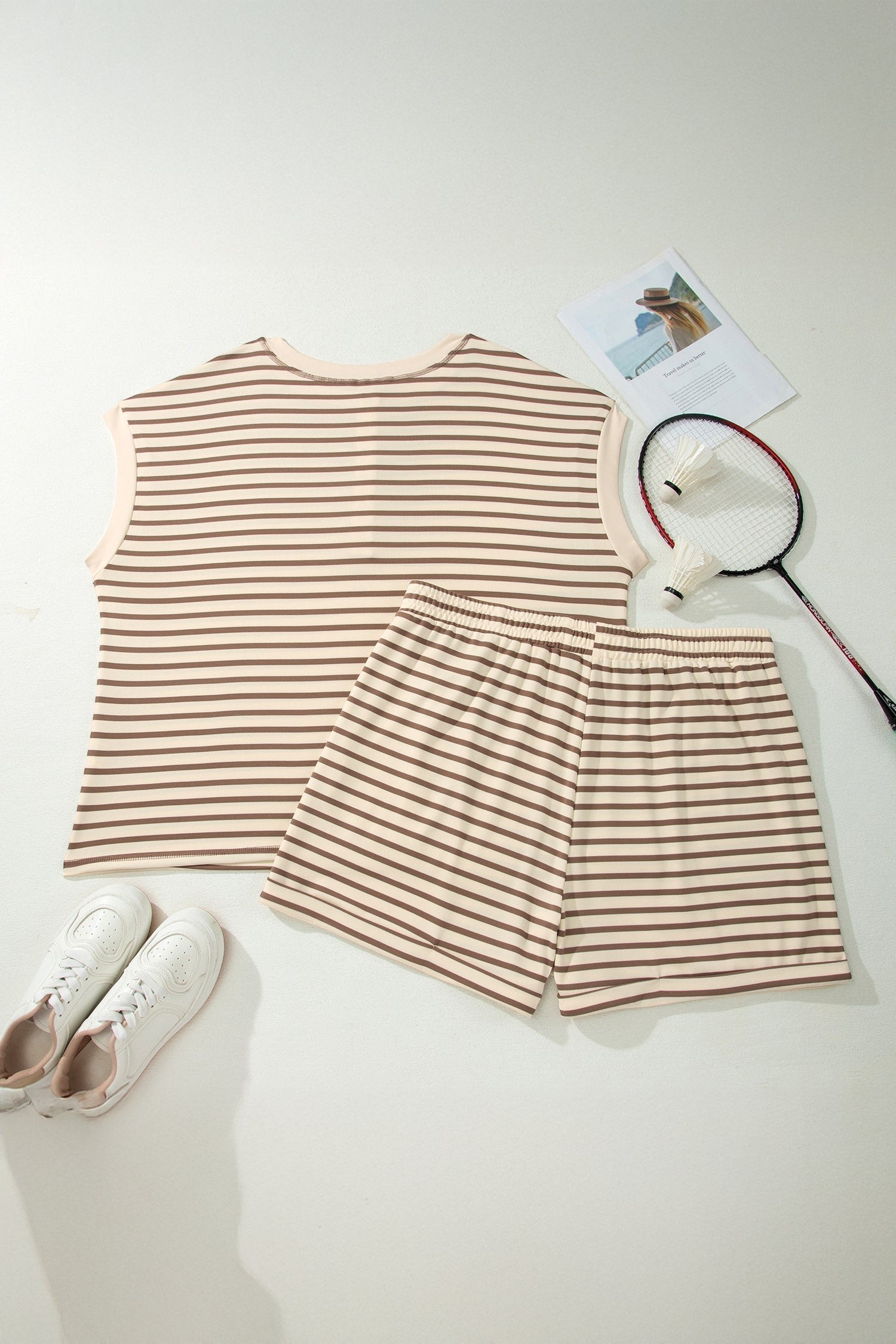 Somethinguluv3 brown and beige striped short sleeve top and shorts set with a casual flat lay design