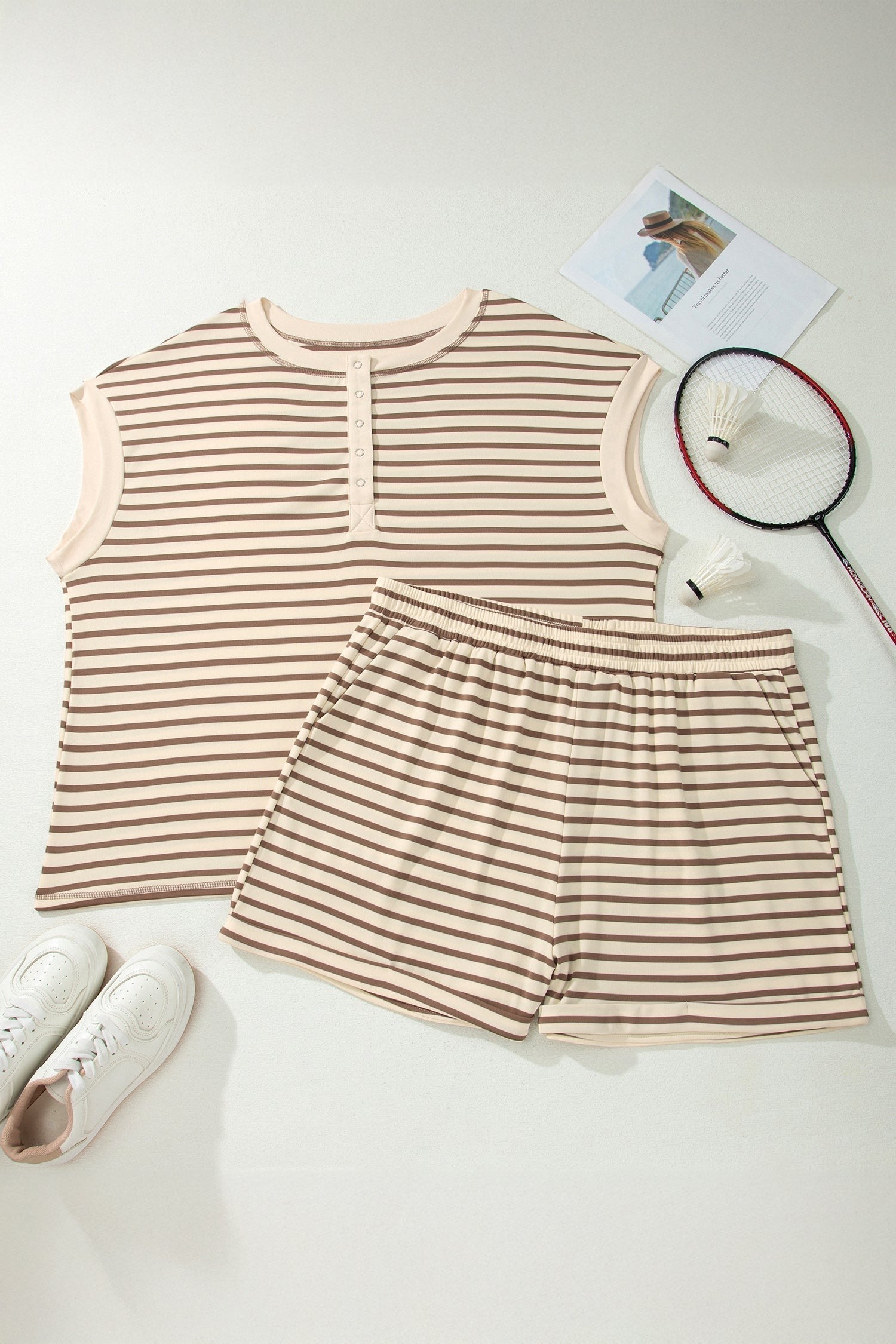 Somethinguluv3 brown striped plus size lounge set with a button-up top and matching shorts on a flat lay background