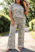 Somethinguluv3 casual two-piece lounge set with a muted camo print, featuring a relaxed top and wide-leg trousers.