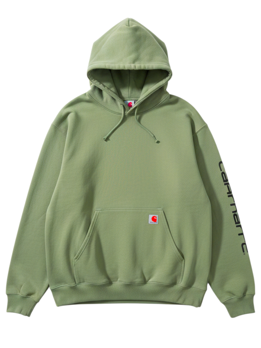Somethinguluv3 Carhartt sage green heavyweight cotton-blend pullover hoodie with kangaroo pocket and sleeve logo
