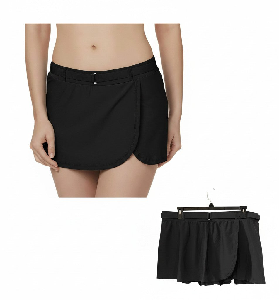 Somethinguluv3 Free Country charcoal gray swim skirt bottoms with a faux wrap style and decorative belt detail.
