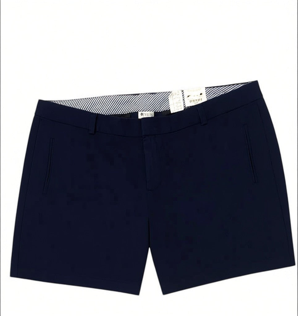 Somethinguluv3 Stylus dark blue brushed cotton chino shorts with a 6 inch inseam and striped interior waistband.