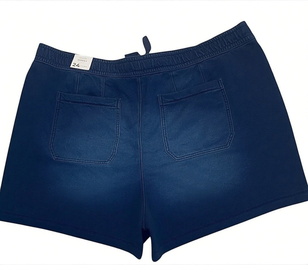 Somethinguluv3 dark denim stone washed knit pull-on shorts with back pockets and elastic waistband, size 24