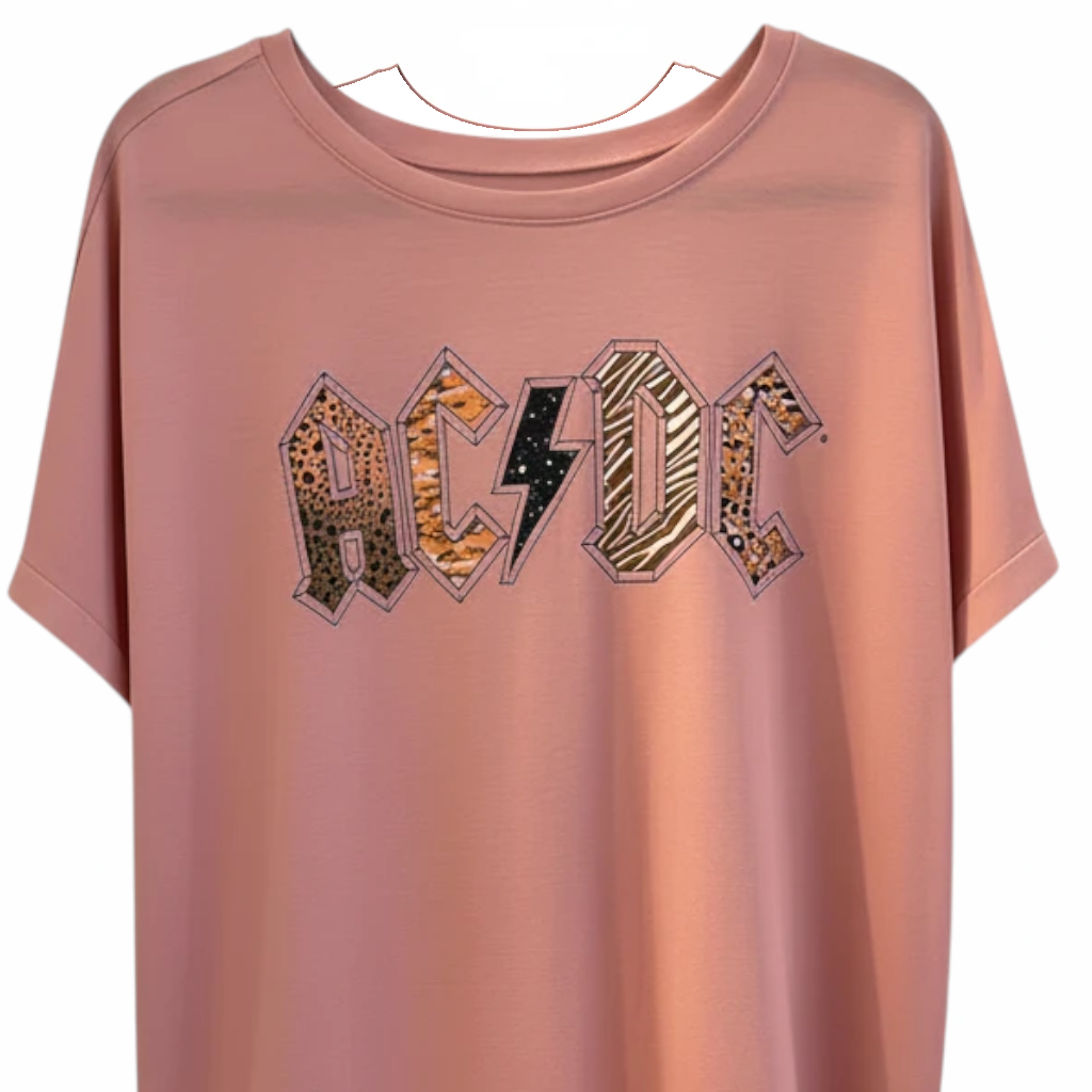 Somethinguluv3 dusty pink AC/DC band t-shirt with leopard and zebra print lettering on a soft polyester blend fabric.