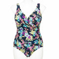 Somethinguluv3 floral print one-piece swimsuit with a black base, ruched waist, and wide straps.