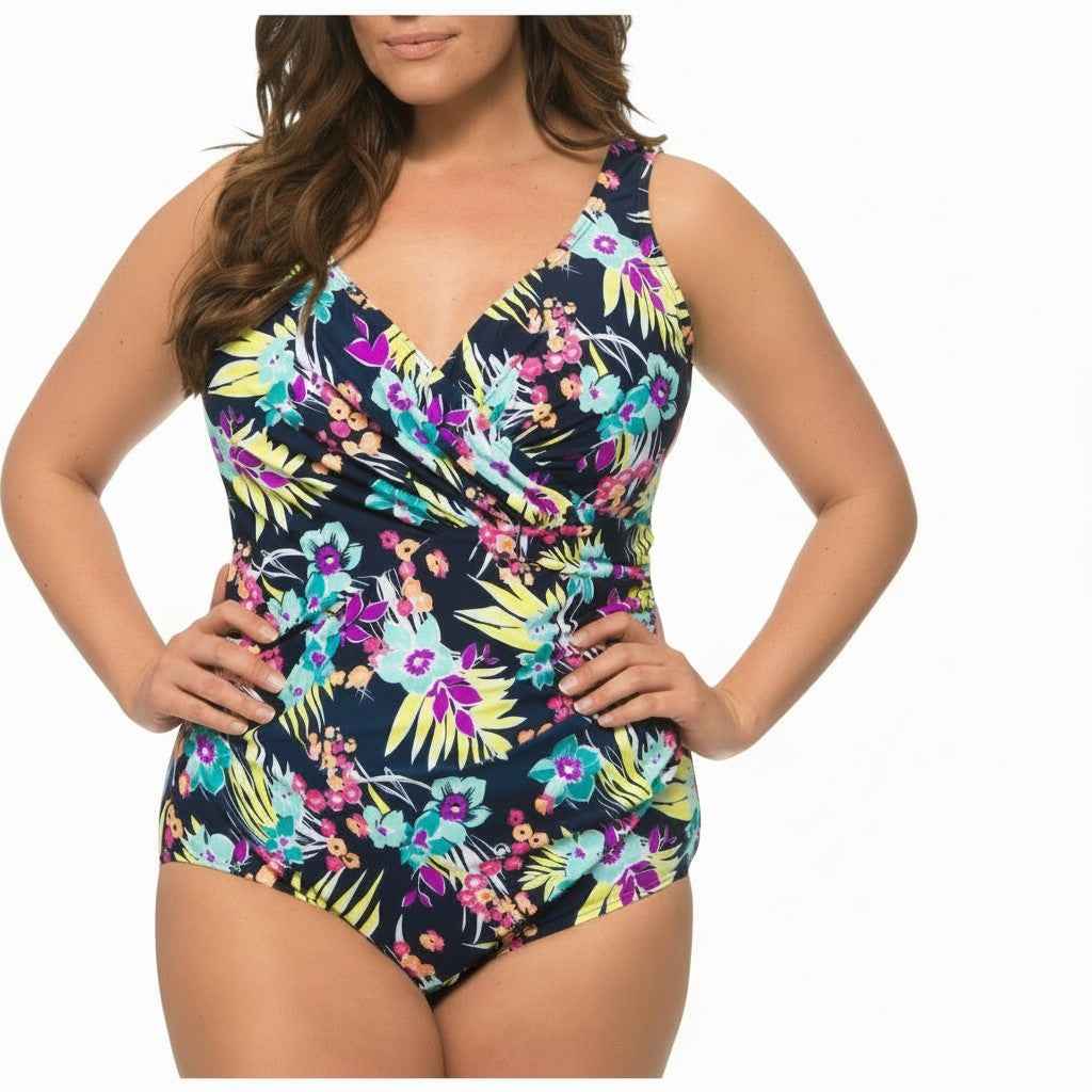 Somethinguluv3 floral print one-piece swimsuit with a black base, ruched waist, and wide straps for vacation style.