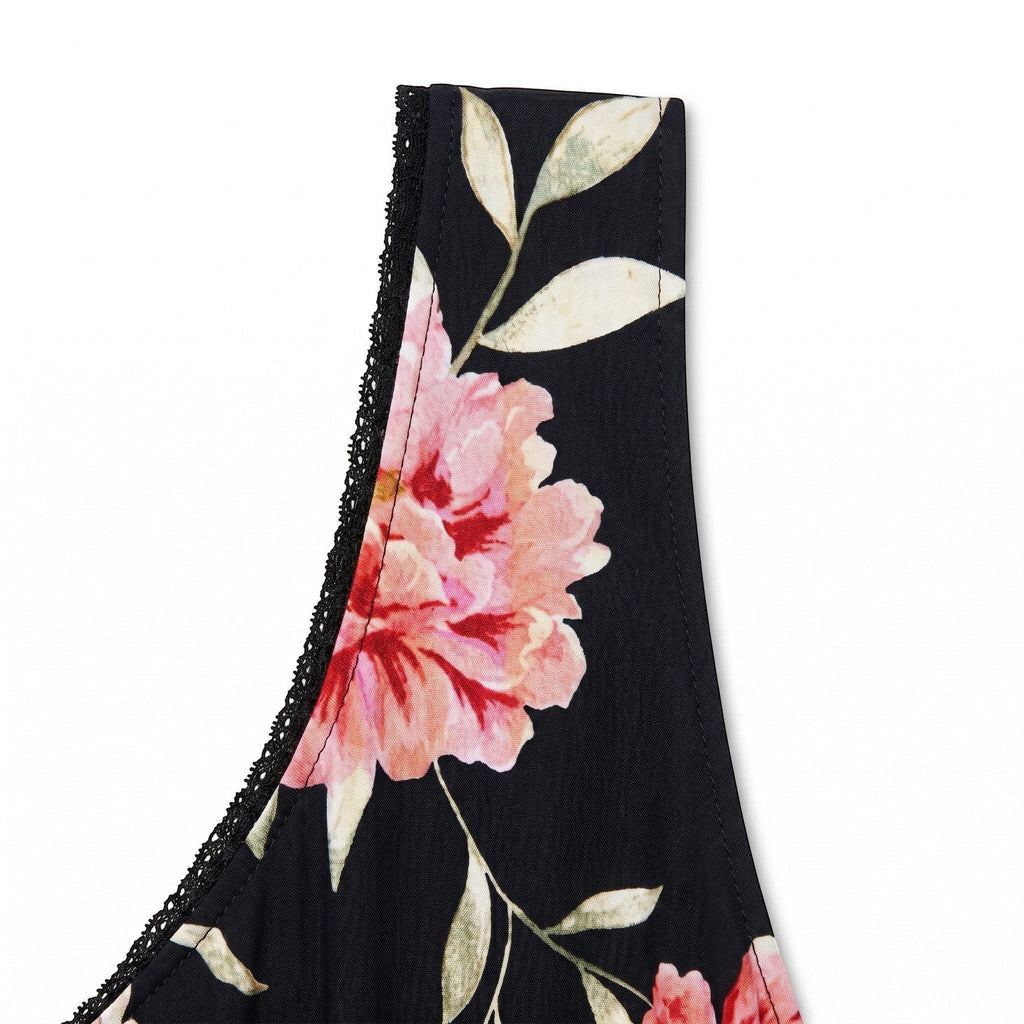 Somethinguluv3 black sleeveless tank top with pink floral print and delicate black lace trim on the strap
