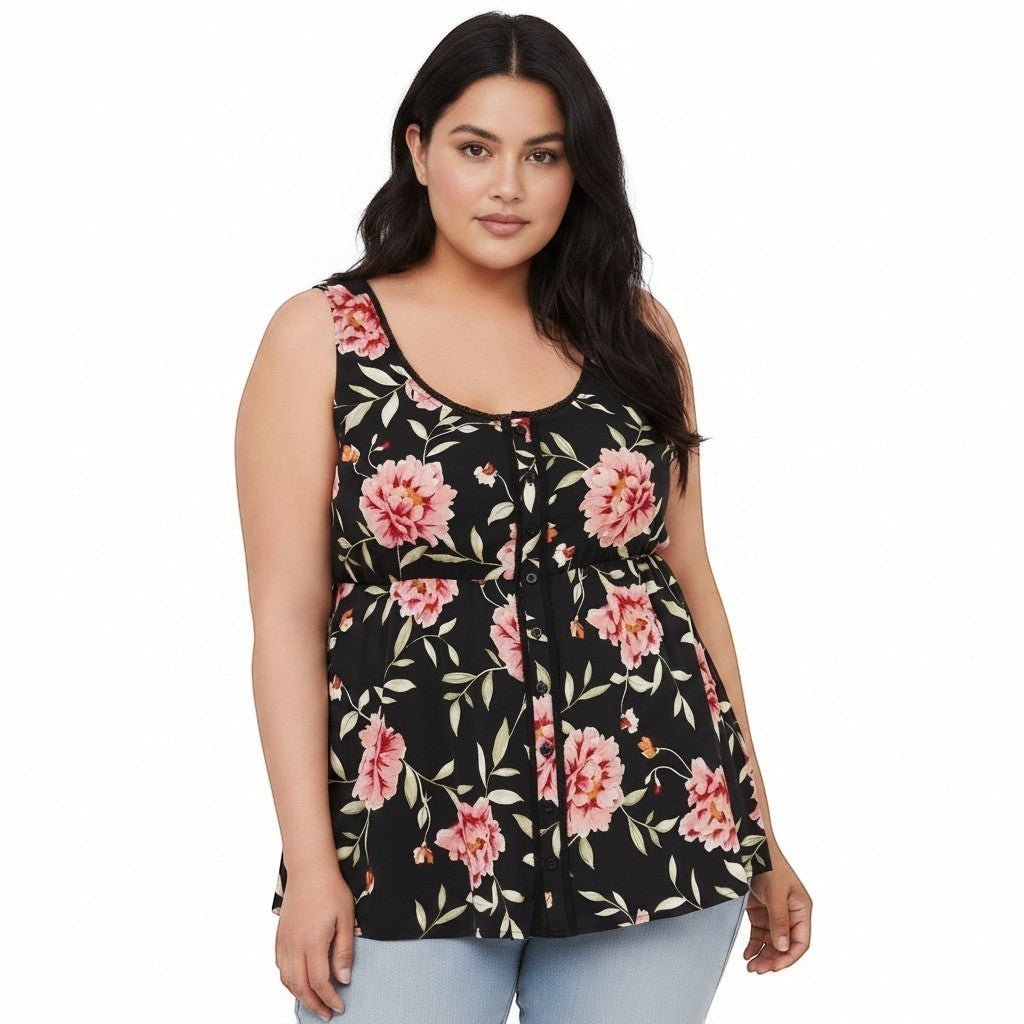 Somethinguluv3 sleeveless peplum tank top in black with pink floral print and delicate lace trim detailing.