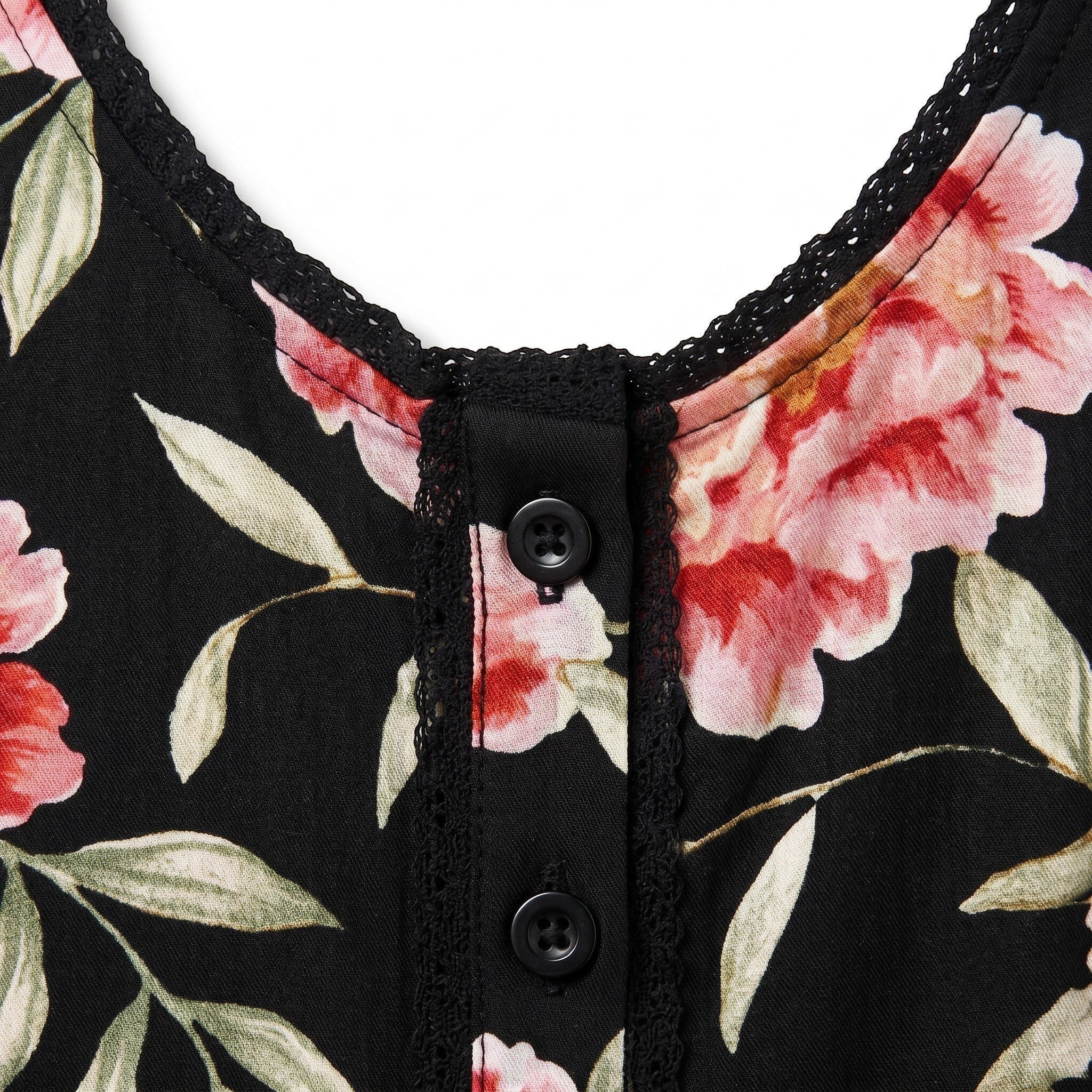 Somethinguluv3 floral print sleeveless peplum tank top with black lace trim and button-down detail