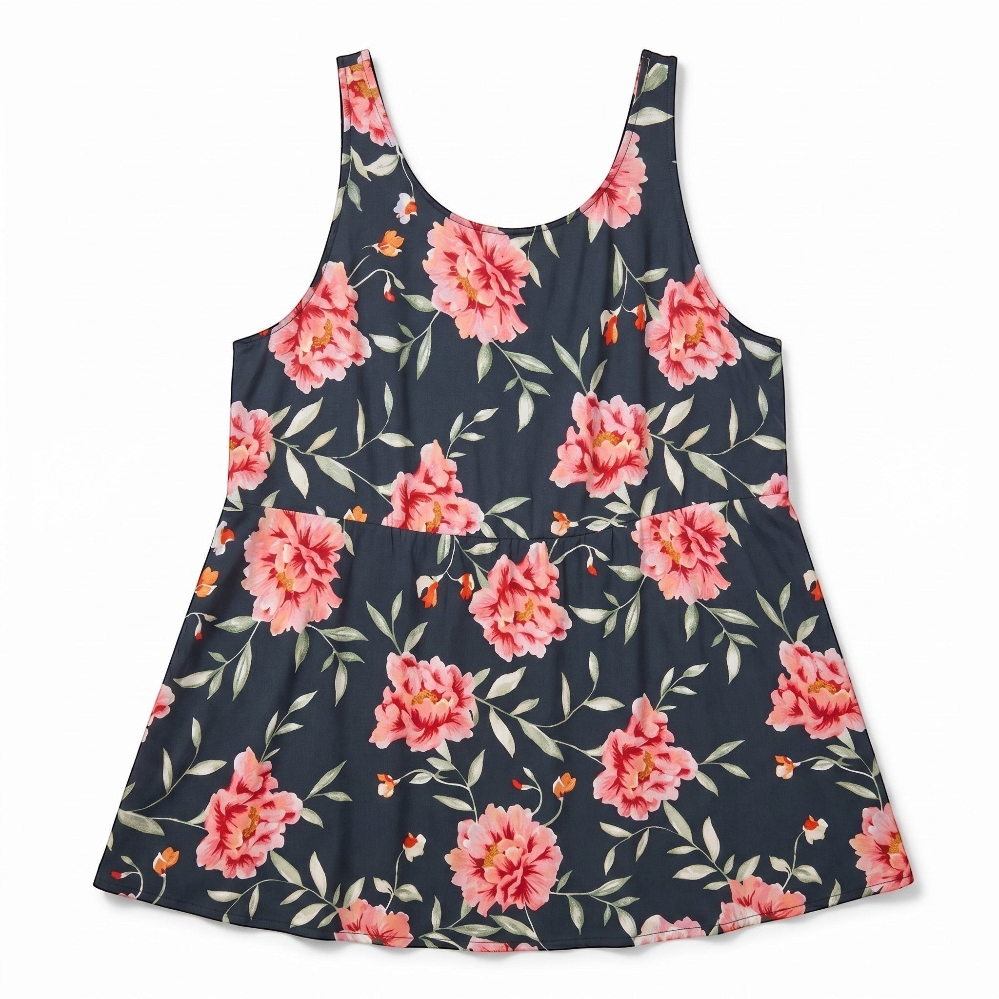 Somethinguluv3 black sleeveless peplum tank top with a vibrant pink floral print and a flattering flared waist.