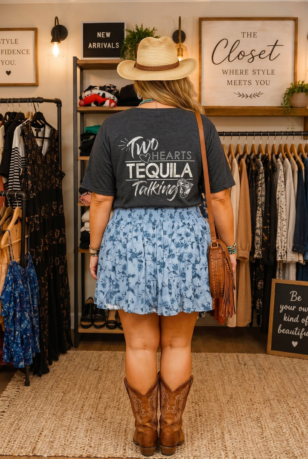 Somethinguluv3 light blue floral print mini skirt with a smocked waist worn with a graphic tee and western boots