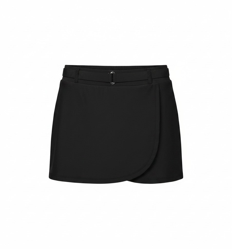 Somethinguluv3 Free Country charcoal gray swim skirt with a faux wrap design and matching belt detail.