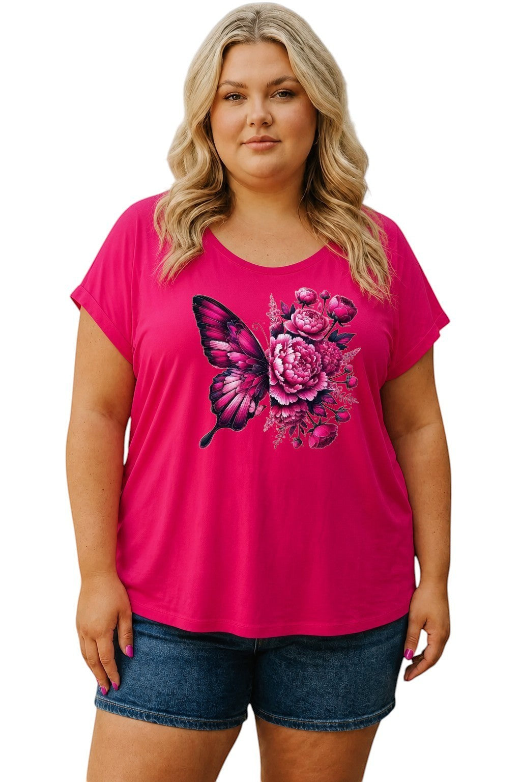 Somethinguluv3 plus size hot pink cotton t-shirt featuring a vibrant butterfly and floral graphic print on a model