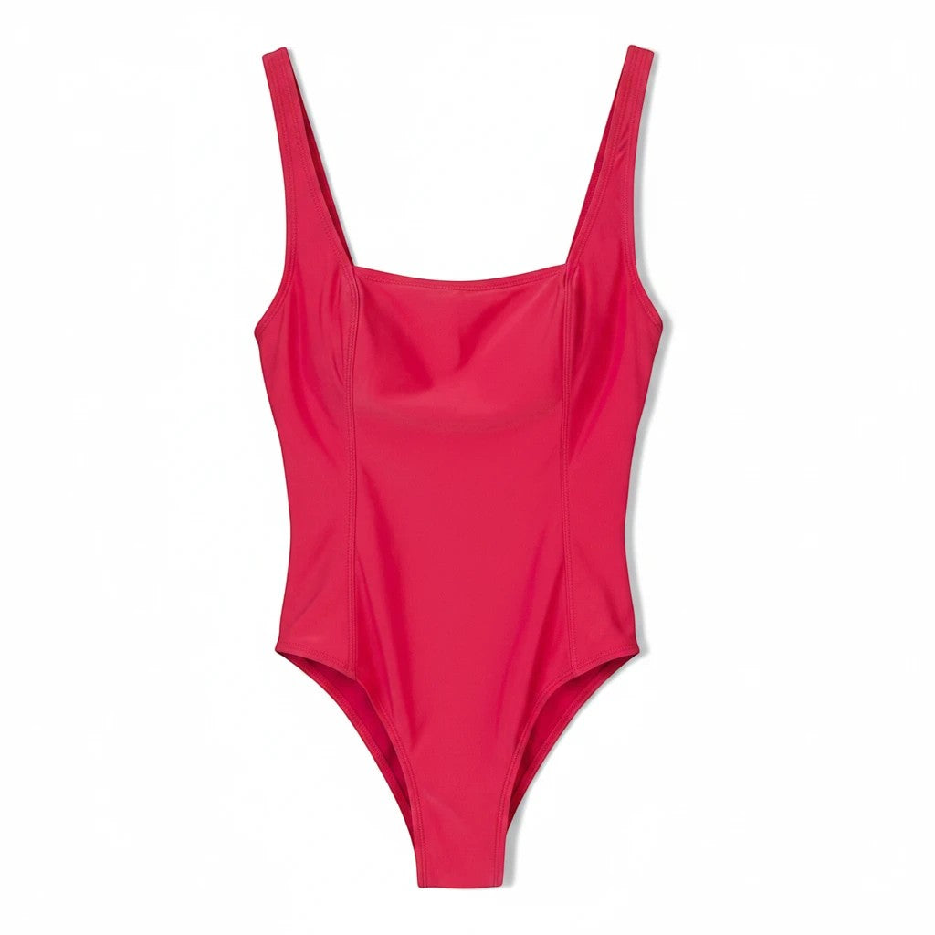 Somethinguluv3 hot pink one-piece swimsuit with a square neckline and high-cut leg in quick-drying fabric.