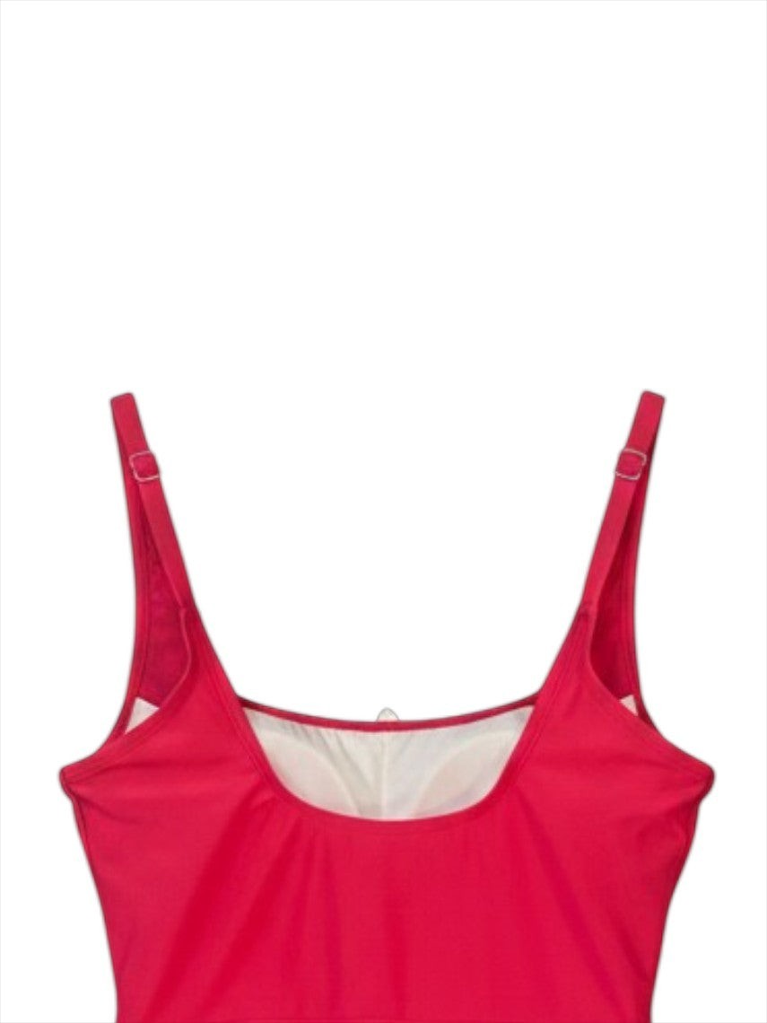 Somethinguluv3 hot pink one-piece swimsuit featuring a square neckline, adjustable straps, and removable foam cups.