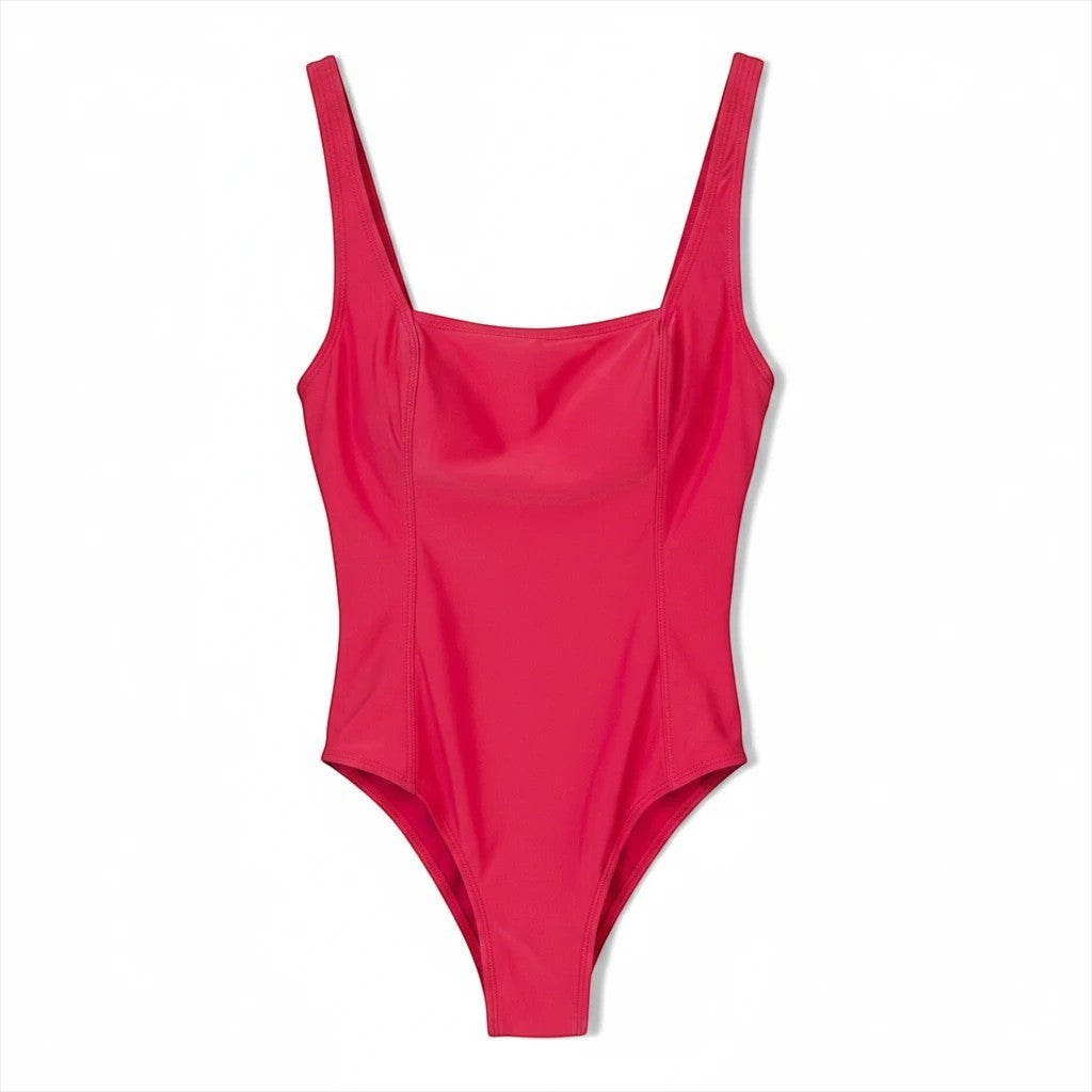 Somethinguluv3 hot pink one-piece swimsuit with a square neckline and high-cut leg in quick-drying fabric.