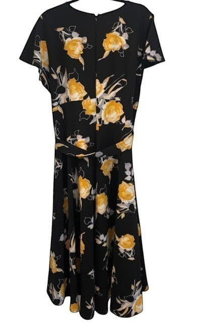 Somethinguluv3 Lane Bryant black midi dress with yellow floral print, flutter sleeves, and asymmetrical hemline.