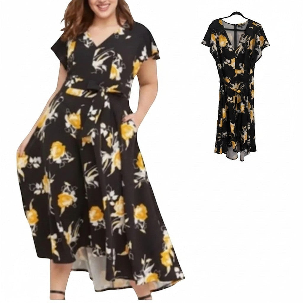 Somethinguluv3 Lane Bryant black floral midi dress with V-neck, flutter sleeves, tie-waist, and asymmetrical hem.
