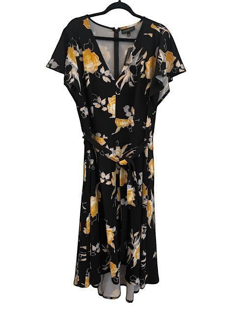 Somethinguluv3 Lane Bryant black floral midi dress with yellow flowers, flutter sleeves, V-neck, and asymmetrical hem.