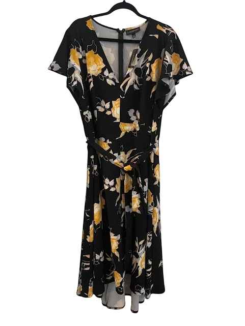 Somethinguluv3 Lane Bryant black midi dress with yellow floral print, flutter sleeves, V-neck, and asymmetrical hem.