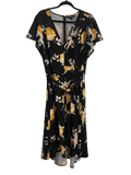 Somethinguluv3 Lane Bryant black midi dress with yellow floral print, flutter sleeves, V-neck, and asymmetrical hem.