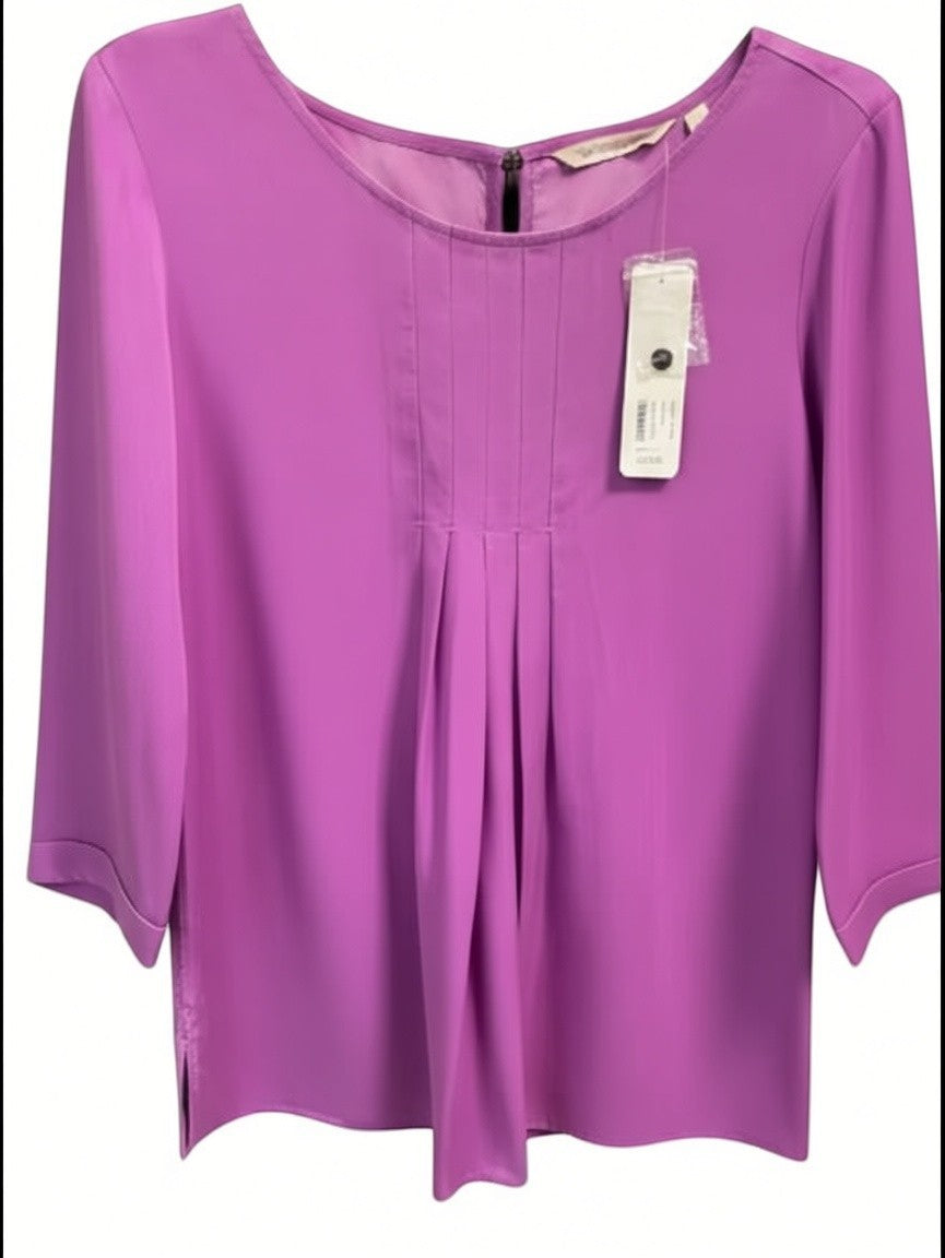 Somethinguluv3 magenta Tencel blouse with front pleats, round neckline, and three-quarter sleeves.