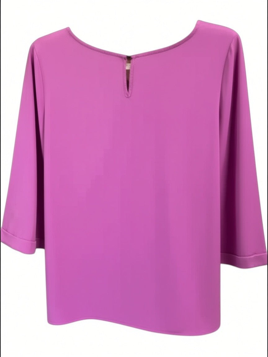 Somethinguluv3 magenta Soft Surroundings blouse with three-quarter sleeves and a back keyhole button closure