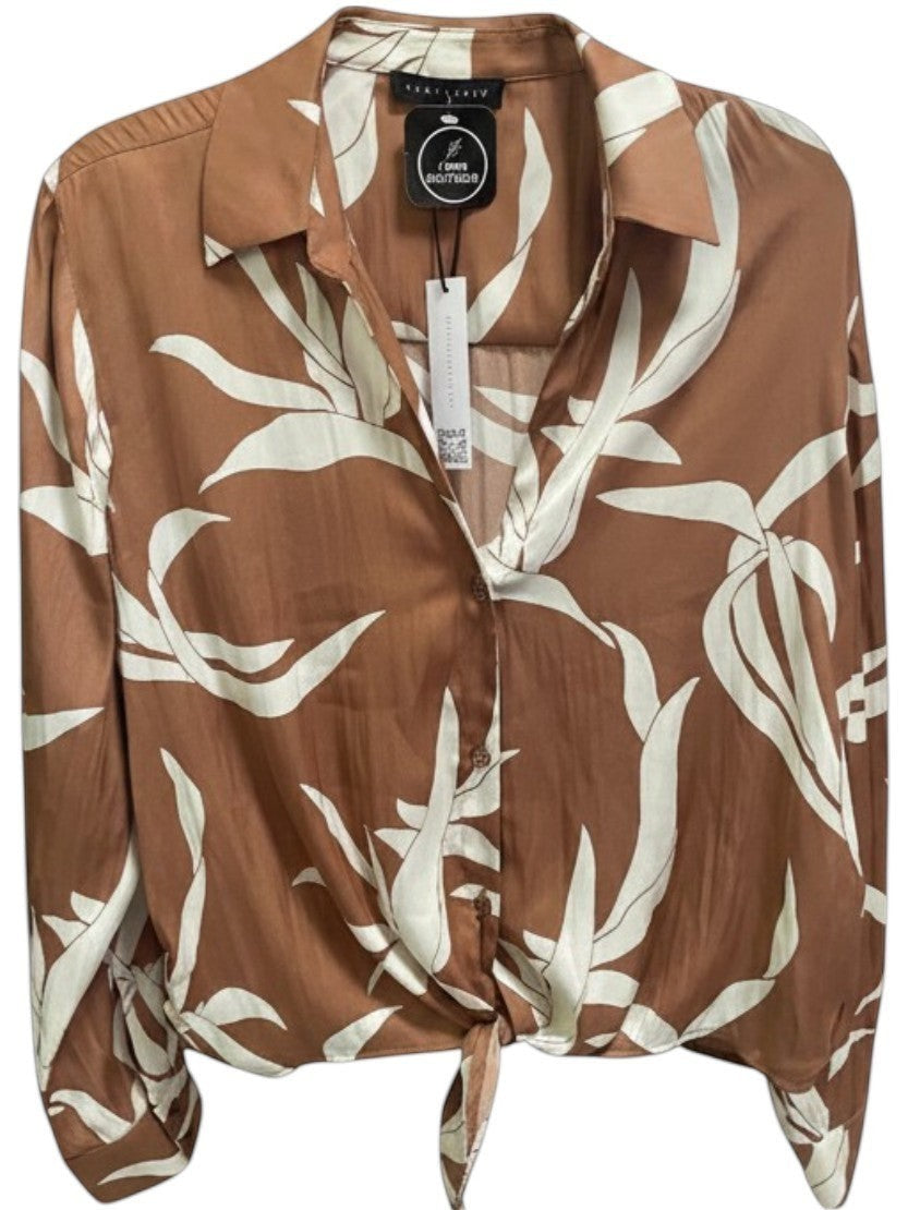 Somethinguluv3 mocha brown long sleeve button down shirt with a cream abstract leaf print and front tie hem detail.