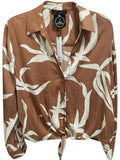 Somethinguluv3 mocha brown long sleeve button down shirt with a cream abstract leaf print and front tie hem detail.