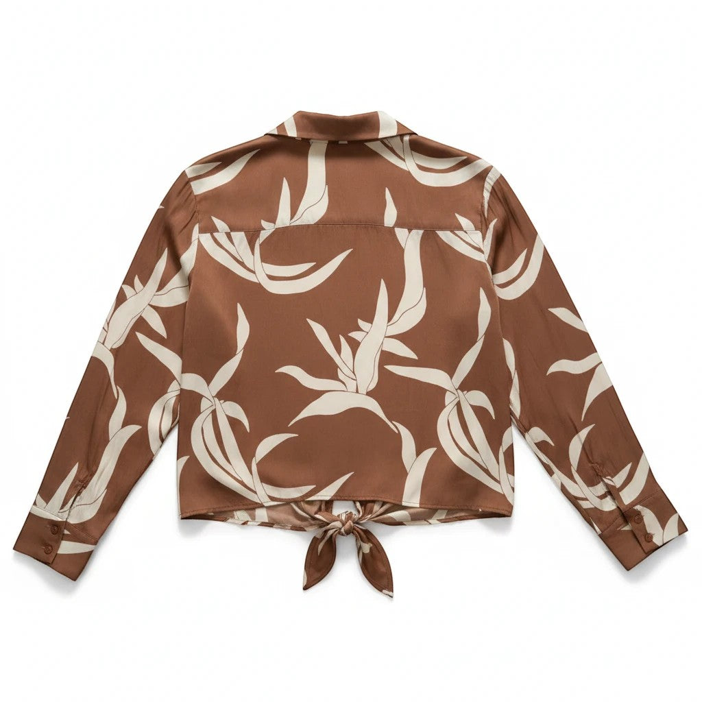 Somethinguluv3 mocha brown long sleeve button-down shirt with cream abstract leaf print and back tie hem detail