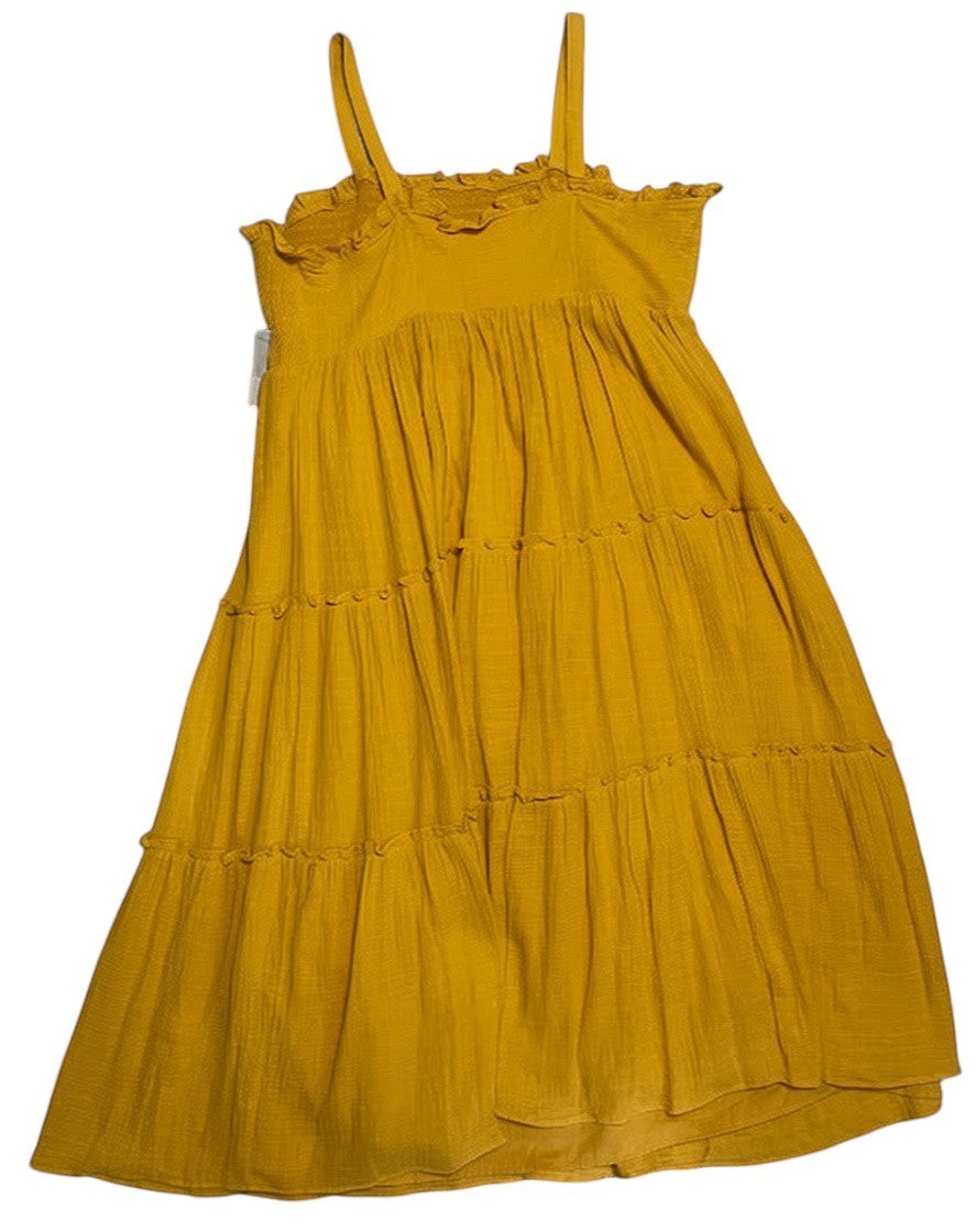Somethinguluv3 mustard yellow cotton gauze maxi dress with a smocked bodice, spaghetti straps, and tiered ruffled skirt.